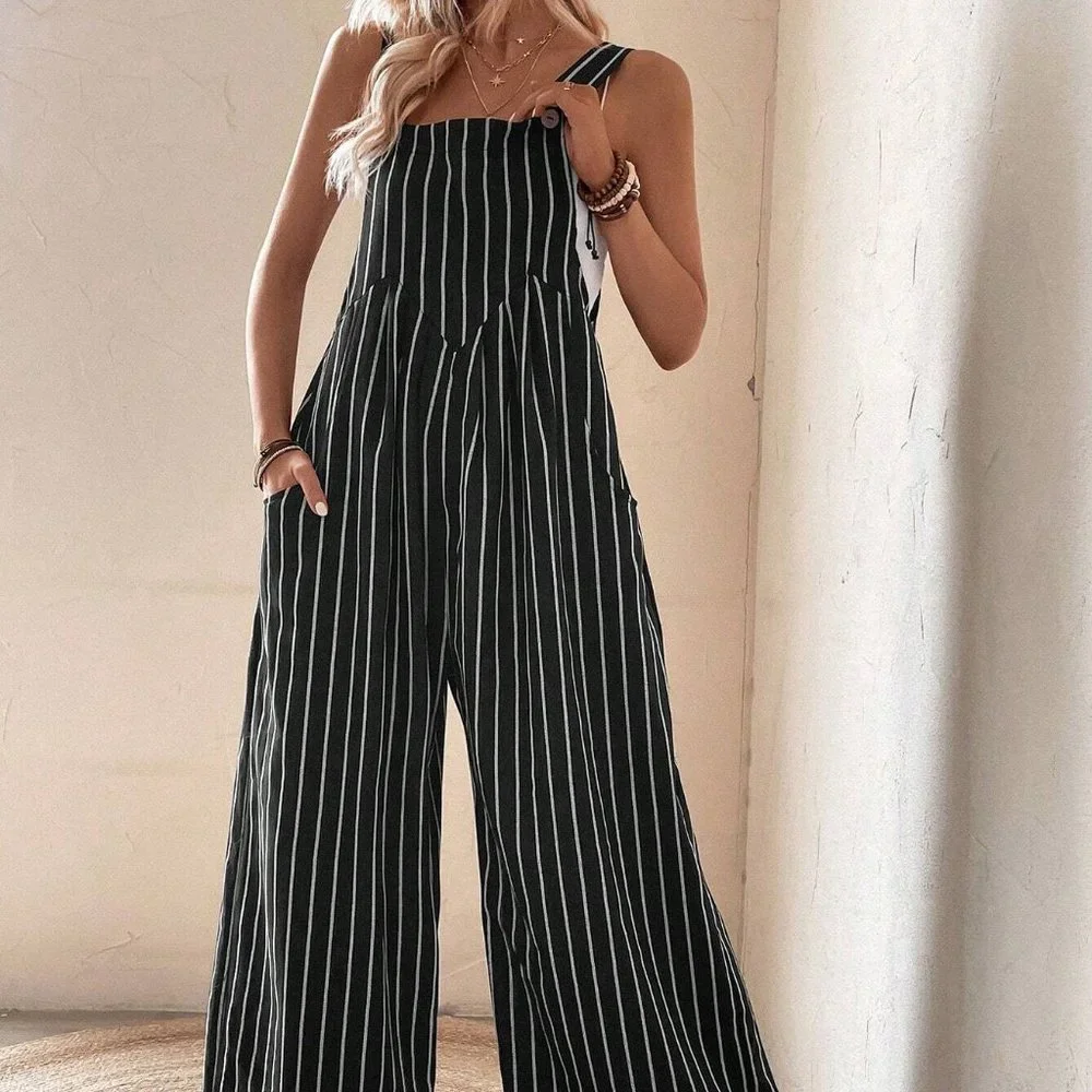 Black Casual Womens Striped Print Slant Pocket Wide Leg Overalls Without Top - Picture 4 of 5
